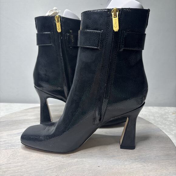 Circus by Sam Edelman Women’s Black Patent Ankle Boots Gold Buckle Zip Heel Size - Picture 6 of 9
